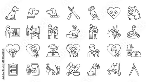Set of veterinary and pet care icons, clean line art