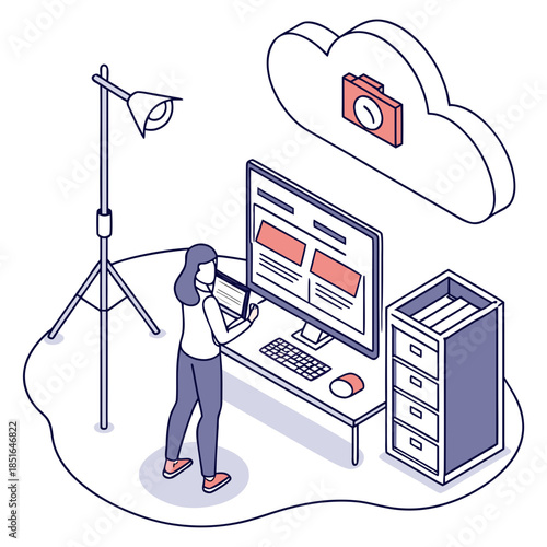 Woman working on computer with cloud storage and studio light setup.