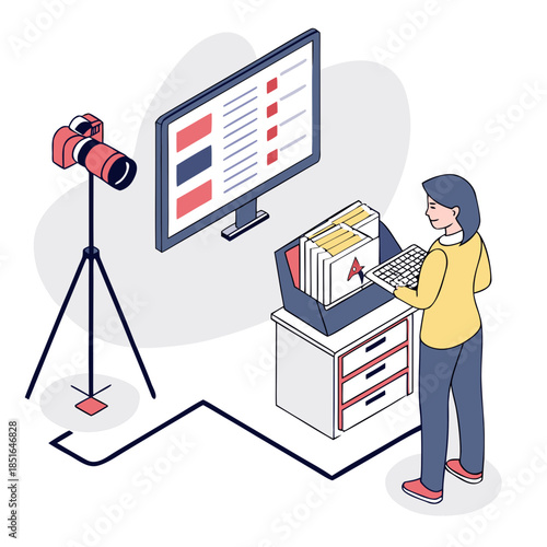 Woman working on computer with camera and files.