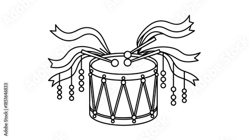 Vintage Drum with Ribbons and Drumsticks Illustration.