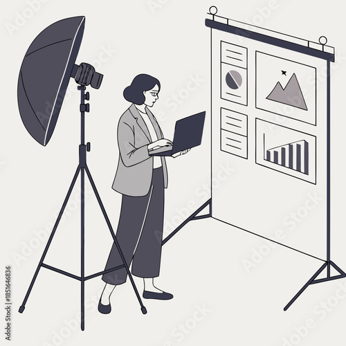 Woman working on laptop with presentation and studio light.