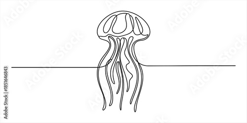 Minimalist single line artwork depicting a graceful jellyfish swimming through the ocean Vector, illustration