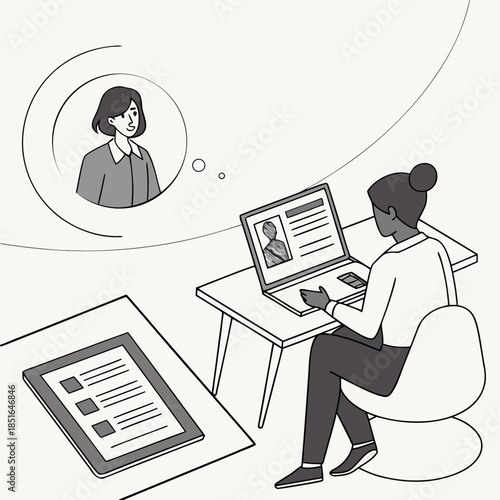 Woman working on laptop with thought bubble of another woman.