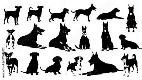 Collection of various dog breed silhouettes in black and white