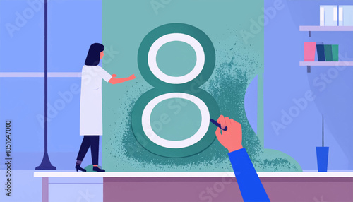 Illustration of a woman in lab coat near a large stylized number eight being altered by another person