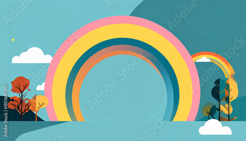 Playful, colorful illustration of rainbows and trees, set against a calming blue backdrop