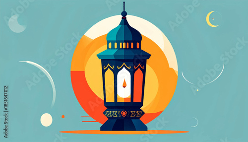 Lantern illustration on blue with warm circles and moon, minimalist, flat design