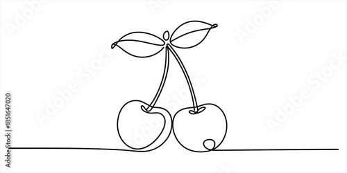 A single continuous line drawing of two minimalist cherries with stems and leaves Vector, illustration