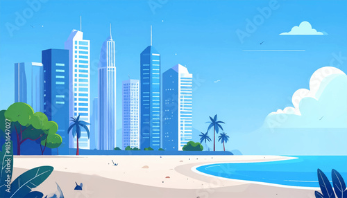 Stylized cityscape illustration featuring a beach, ocean, palms, and modern buildings under a blue sky
