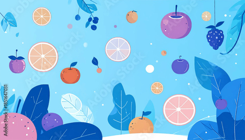 Playful fruit illustration with a blue background and scattered oranges, apples, and leaves