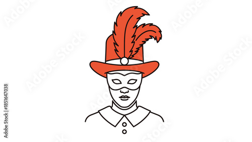 Man wearing a Venetian mask and feathered hat.