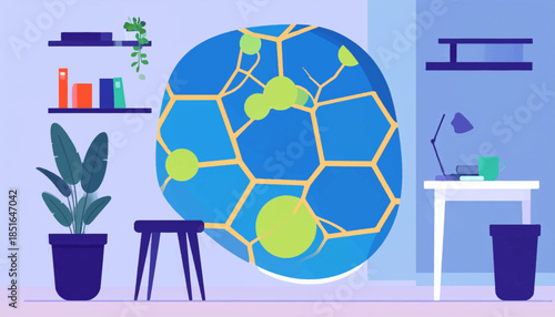 Home office setting with a large blue sphere as the focal point, featuring plants, shelves, and desk elements