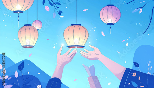 Lanterns & hands reach towards sky in blue-hued cartoon scene with leaves and mountains background