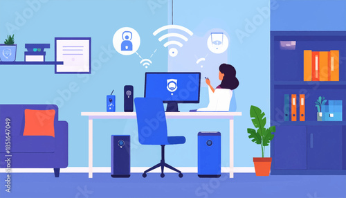 Home office setup, female in white coat using phone near computer, air purifiers and plants in blue-toned room