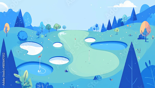 Playful illustration of a golf course with sand traps and trees, rendered in blue and green tones