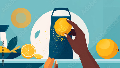 Graphic illustration of a hand grating a lemon, with lemons in a bowl and cut, on a blue background