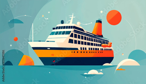 Graphic illustration of a large cruise ship sailing the ocean under a bright sun in a minimalist, geometric style