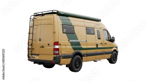 Tan camper van PNG isolated on transparent background, overland vehicle with roof rack and ladder for adventure travel and camping
