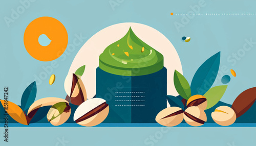 Graphic illustration of pistachios, leaves, and a jar of pistachio cream against a light blue background