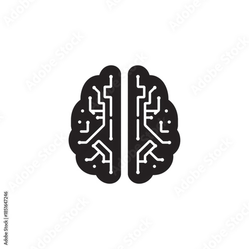 A clean minimalist black AI brain icon featuring a circuit-inspired silhouette in flat modern style. Ideal for artificial intelligence themes, automation tools, tech startups, dashboards, apps