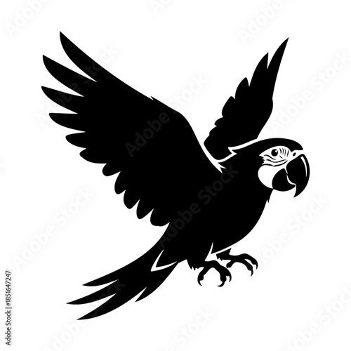 Parrot silhouette standing with wings slightly open, balanced pose in clean black vector style.