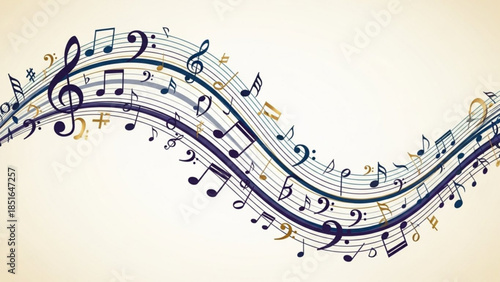 Wavy Musical Notes Flowing Staff, Blue Purple Vector Illustration on Light Background