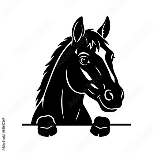 Smirking horse silhouette peeking from side with cheeky expression, bold black vector on white.