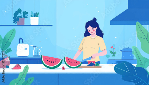 Illustration of a woman slicing a watermelon in a blue-toned kitchen with plants and simple appliances