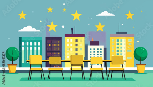 Stylized cityscape meeting room with bright stars, buildings, chairs and plants in graphic design style