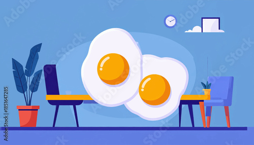 Graphic illustration of two sunny-side up eggs over a table in a colorful room