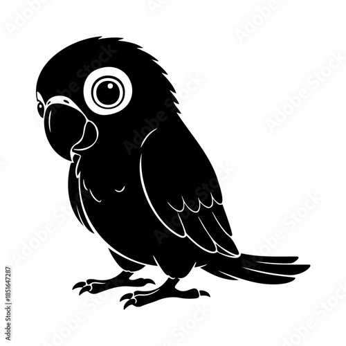 Shy parrot silhouette peeking forward with soft expression, clean black vector on white.