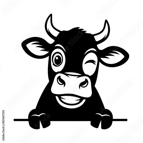 Winking cow silhouette peeking from side with playful expression, clean black vector on white.