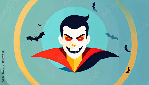 Graphic image of a vampire with a cape and bats on a light teal background with abstract gold rings