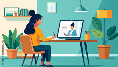 Illustration of a woman working from home, in a virtual meeting on a laptop, surrounded by plants, lamp, and decor