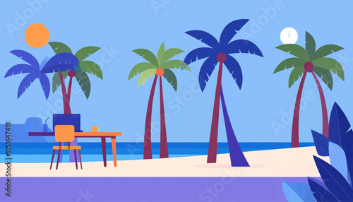 Graphic of a beach scene with palm trees, distant mountains, desk, chair, laptop, and a clock in the sky