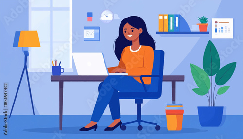 Illustration of a woman working on a laptop at her desk in a blue-toned office space, smiling