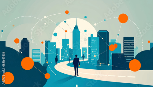 Stylized cityscape with business figures, networking lines, and orange/blue color palette