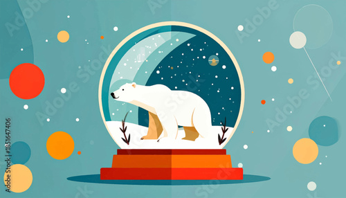 Polar bear snow globe illustration. Teal backdrop with floating spheres