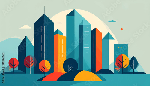 Stylized cityscape with geometric buildings and trees against a light blue sky, in a colorful, modern art style