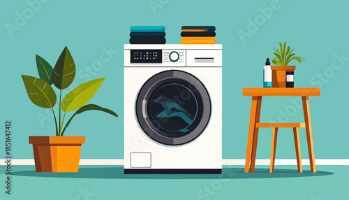 Laundry room scene washing machine, plants, stool, and folded clothes against a light blue wall