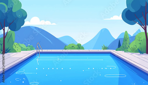 Pool scene. Cartoon style pool with a view of mountains and trees. Clear blue water. Serene and inviting