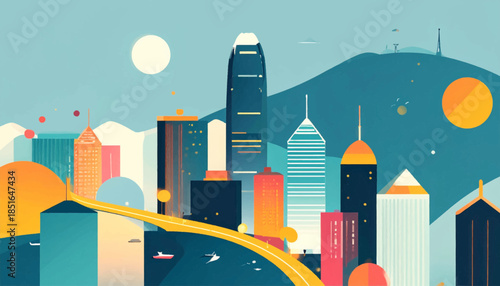 Stylized cityscape with tall buildings, a yellow bridge, mountains, boats, and planets