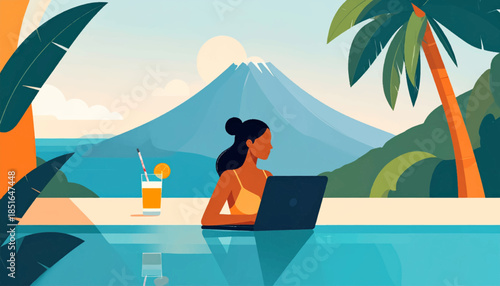 Illustration of a woman working on a laptop by a pool with a scenic mountain and palm trees in the background