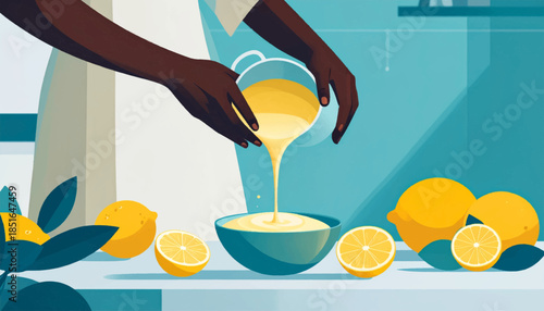 Lemon juice being poured into a bowl, set against a turquoise background with several lemons and dark green foliage