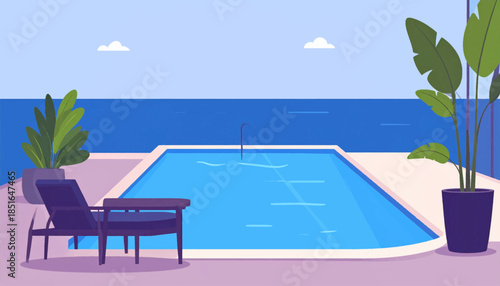 Poolside terrace overlooking the ocean, with lounge chair and lush potted plants