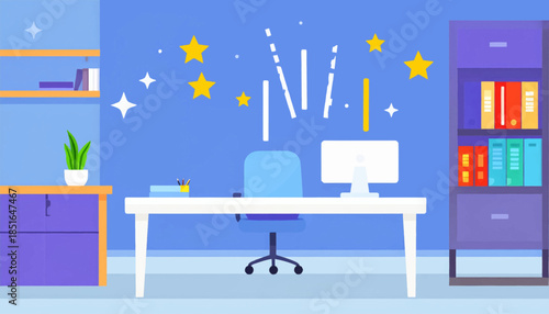 Illustration of a work from home setup, complete with desk, chair, and monitor