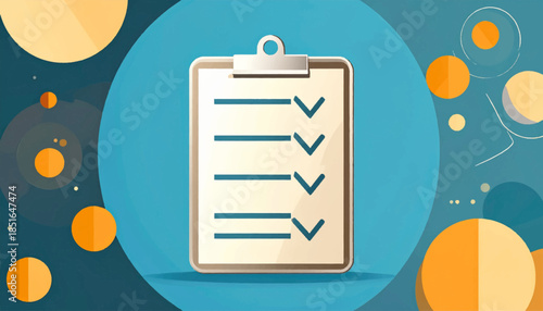Stylized clipboard with checks against blue background and floating circles in yellow, cream, and orange hues