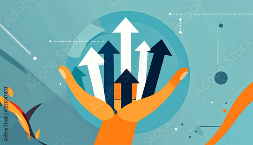 Graphic of hands holding upward arrows in blue circle against teal backdrop with dots and shapes
