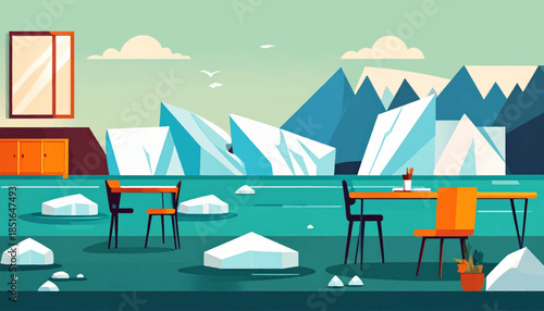 Illustration of a workspace in a cold environment with icebergs, desk, and plant