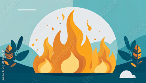 Graphic of stylized fire with plants on a flat landscape, teal background and white circle shape
